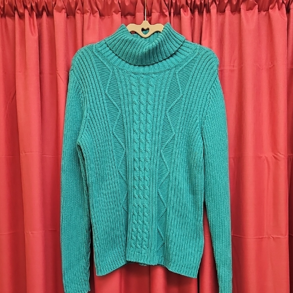 Teal Cable Knit Turtleneck Sweater